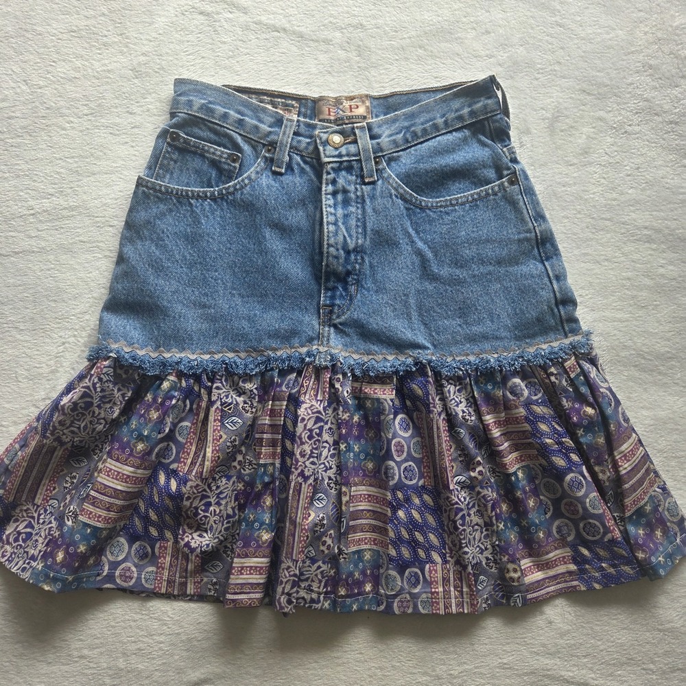 Vintage Y2k Express Denim Ruffle‎ Skirt Boho Retro Sz 7/8 Upcycled Madd In USA